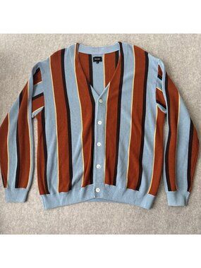 Beams 9 Gauge Striped Cardigan Sweater Mens Large Cotton V Neck Japanese Design